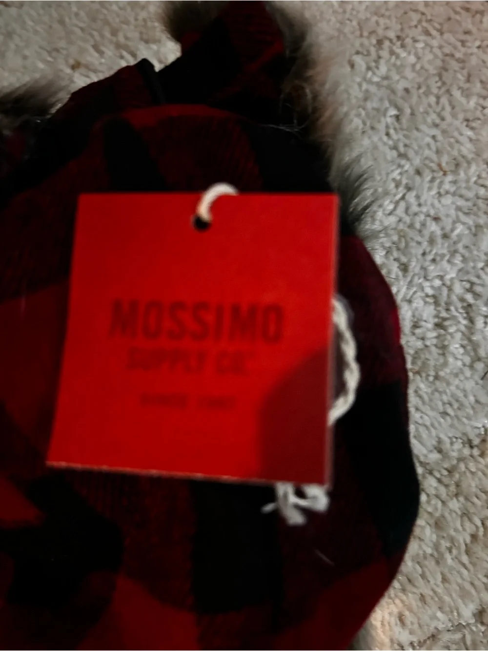 NWT- Mossimo Supply Co. Kid’s Red and Black Buffalo Plaid Faux Fur Trapper Hat